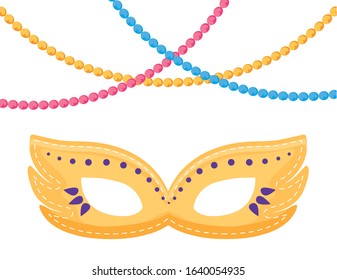 Mardi Gras mask and necklaces design. Party carnival decoration celebration festival holiday fun New Orleans and traditional theme. Vector illustration.