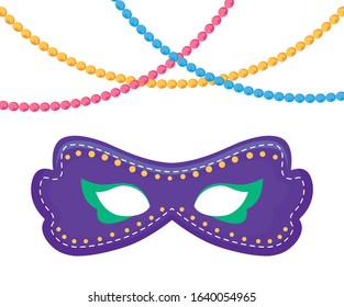 Mardi Gras mask and necklaces design. Party carnival decoration celebration festival holiday fun New Orleans and traditional theme. Vector illustration.
