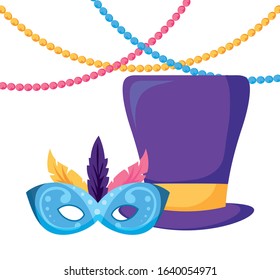 Mardi Gras mask and necklaces design with hat. Party carnival decoration celebration festival holiday fun New Orleans and traditional theme. Vector illustration.