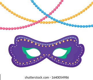 Mardi Gras mask and necklaces design. Party carnival decoration celebration festival holiday fun New Orleans and traditional theme. Vector illustration.