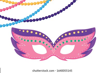 Mardi Gras mask and necklaces design. Party carnival decoration celebration festival holiday fun New Orleans and traditional theme. Vector illustration.