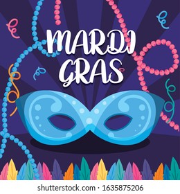 Mardi gras mask with necklaces and feathers design, Party carnival decoration celebration festival holiday fun new orleans and traditional theme Vector illustration