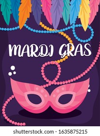 Mardi gras mask with necklaces and feathers design, Party carnival decoration celebration festival holiday fun new orleans and traditional theme Vector illustration