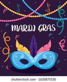 Mardi gras mask with necklaces and feathers design, Party carnival decoration celebration festival holiday fun new orleans and traditional theme Vector illustration