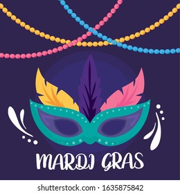 Mardi gras mask with necklaces and feathers design, Party carnival decoration celebration festival holiday fun new orleans and traditional theme Vector illustration