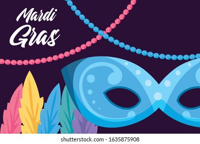 Mardi gras mask with necklaces and feathers design, Party carnival decoration celebration festival holiday fun new orleans and traditional theme Vector illustration