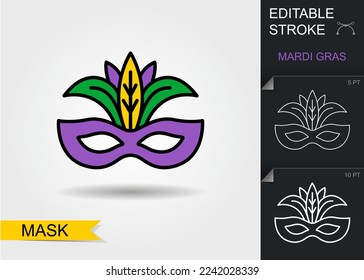 Mardi Gras Maske. Rahmensymbol mit bearbeitbarem Strich. Linear Mardi Gras Symbol mit Schatten