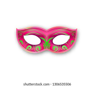 Mardi Gras mask pink color with decorative floral element. Authentic Venetian painted Carnival Face Mask. Masquerade realistic colorful party decoration with a shadow isolated on white background