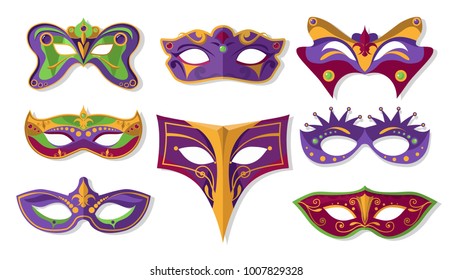 Mardi Gras mask set, design element, flat style. Mardi Gras collection masks with feathers, isolated on white background. Vector illustration, clip art