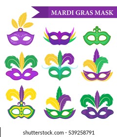 Mardi Gras Mask Set, Design Element, Flat Style. Mardi Gras Collection Masks With Feathers, Isolated On White Background. Vector Illustration, Clip Art