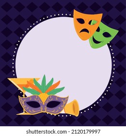 mardi gras mask and trumpet badge