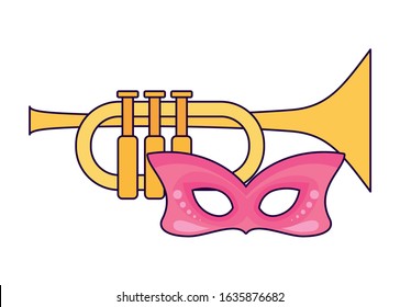 Mardi gras mask and trumpet design, Party carnival decoration celebration festival holiday fun new orleans and traditional theme Vector illustration