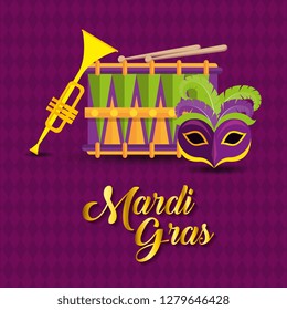 mardi gras with mask and trumpet with drum