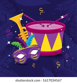 Mardi gras mask trumpet and drum design, Party carnival decoration celebration festival holiday fun new orleans and traditional theme Vector illustration