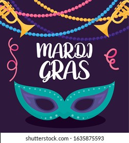 Mardi gras mask with trumpets design, Party carnival decoration celebration festival holiday fun new orleans and traditional theme Vector illustration