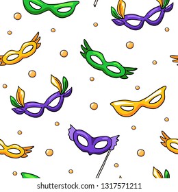 Mardi gras mask, vector carnival masks isolated on white background. Seamless pattern with Mardi gras elements in doodle style.  