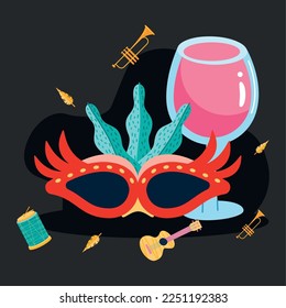 mardi gras mask and wine cup poster