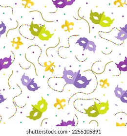 Mardi Gras masks and beads white seamless background. 