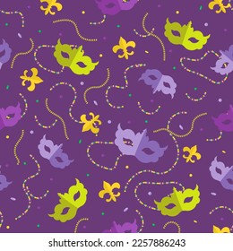 Mardi Gras masks and beads white seamless background. 