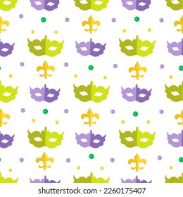 Mardi Gras masks and beads white seamless background.  