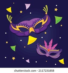 mardi gras masks card with confetti