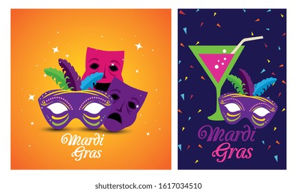 Mardi gras masks and cocktail design, Party carnival decoration celebration festival holiday fun new orleans and traditional theme Vector illustration