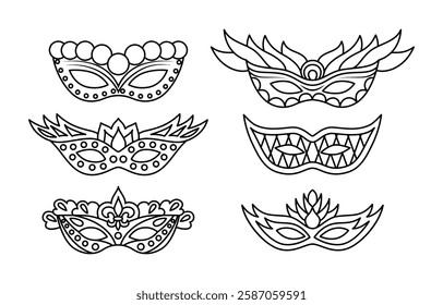 Mardi Gras masks collection linear vector illustration. Coloring page for Fat Tuesday