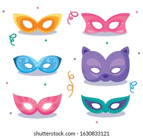 Mardi gras masks and confetti design, Party carnival decoration celebration festival holiday fun new orleans and traditional theme Vector illustration