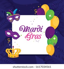 Mardi gras masks crown and balloons design, Party carnival decoration celebration festival holiday fun new orleans and traditional theme Vector illustration