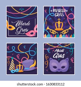 Mardi gras masks crowns hats and trumpets design, Party carnival decoration celebration festival holiday fun new orleans and traditional theme Vector illustration