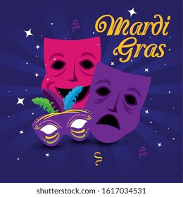 Mardi gras masks design, Party carnival decoration celebration festival holiday fun new orleans and traditional theme Vector illustration