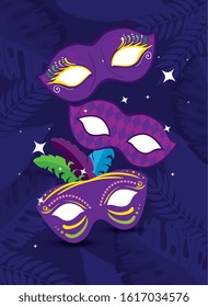 Mardi gras masks design, Party carnival decoration celebration festival holiday fun new orleans and traditional theme Vector illustration