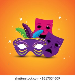 Mardi gras masks design, Party carnival decoration celebration festival holiday fun new orleans and traditional theme Vector illustration