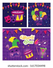 Mardi gras masks drum cocktail and balloons design, Party carnival decoration celebration festival holiday fun new orleans and traditional theme Vector illustration