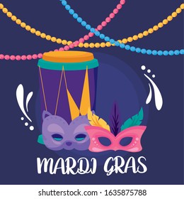 Mardi gras masks and drum with necklaces design, Party carnival decoration celebration festival holiday fun new orleans and traditional theme Vector illustration