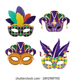 Mardi-Gras-Masken mit Feathers-Icon-Set-Design, Party-Karneval-Dekoration und Festivalthema Vektorgrafik