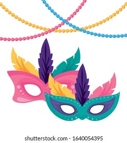 Mardi Gras masks with feathers and necklaces design. Party carnival decoration celebration festival holiday fun New Orleans and traditional theme. Vector illustration.