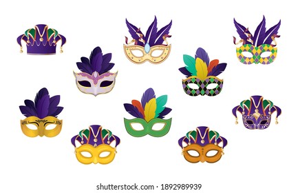 Mardi gras masks with feathers set design, Party carnival decoration celebration and festival theme Vector illustration