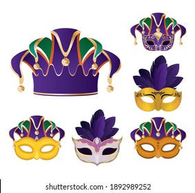 Mardi-Gras-Masken mit Feathers-Symbol-Set-Design, Party-Karneval-Dekoration und Festivalthema Vektorgrafik