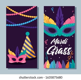 Mardi gras masks and hat with necklaces design, Party carnival decoration celebration festival holiday fun new orleans and traditional theme Vector illustration