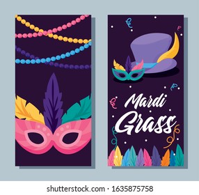 Mardi gras masks and hat with necklaces design, Party carnival decoration celebration festival holiday fun new orleans and traditional theme Vector illustration