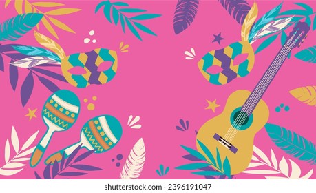 Mardi Gras with masks, maracas, guittar,feathers and tropical leaves on pink background. Banner for holiday celebration, masquerade ball or carnival party invitation. Flat vector illustration