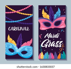 Mardi gras masks and necklaces design, Party carnival decoration celebration festival holiday fun new orleans and traditional theme Vector illustration