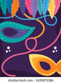 Mardi gras masks with necklaces design, Party carnival decoration celebration festival holiday fun new orleans and traditional theme Vector illustration