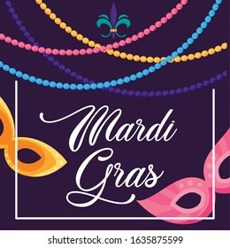 Mardi gras masks with necklaces design, Party carnival decoration celebration festival holiday fun new orleans and traditional theme Vector illustration