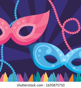 Mardi gras masks with necklaces design, Party carnival decoration celebration festival holiday fun new orleans and traditional theme Vector illustration