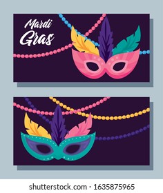 Mardi gras masks with necklaces design, Party carnival decoration celebration festival holiday fun new orleans and traditional theme Vector illustration