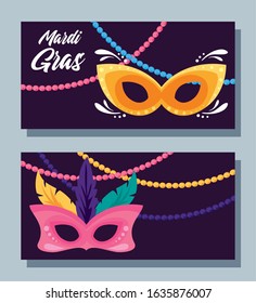 Mardi gras masks with necklaces design, Party carnival decoration celebration festival holiday fun new orleans and traditional theme Vector illustration