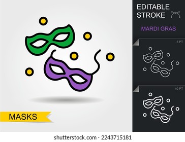 Mardi Gras masks. Outline icon with editable stroke. Linear Mardi Gras Symbol with shadow