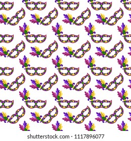 Mardi Gras Masks Seamless Pattern - Decorative Mardi Gras masks with feathers